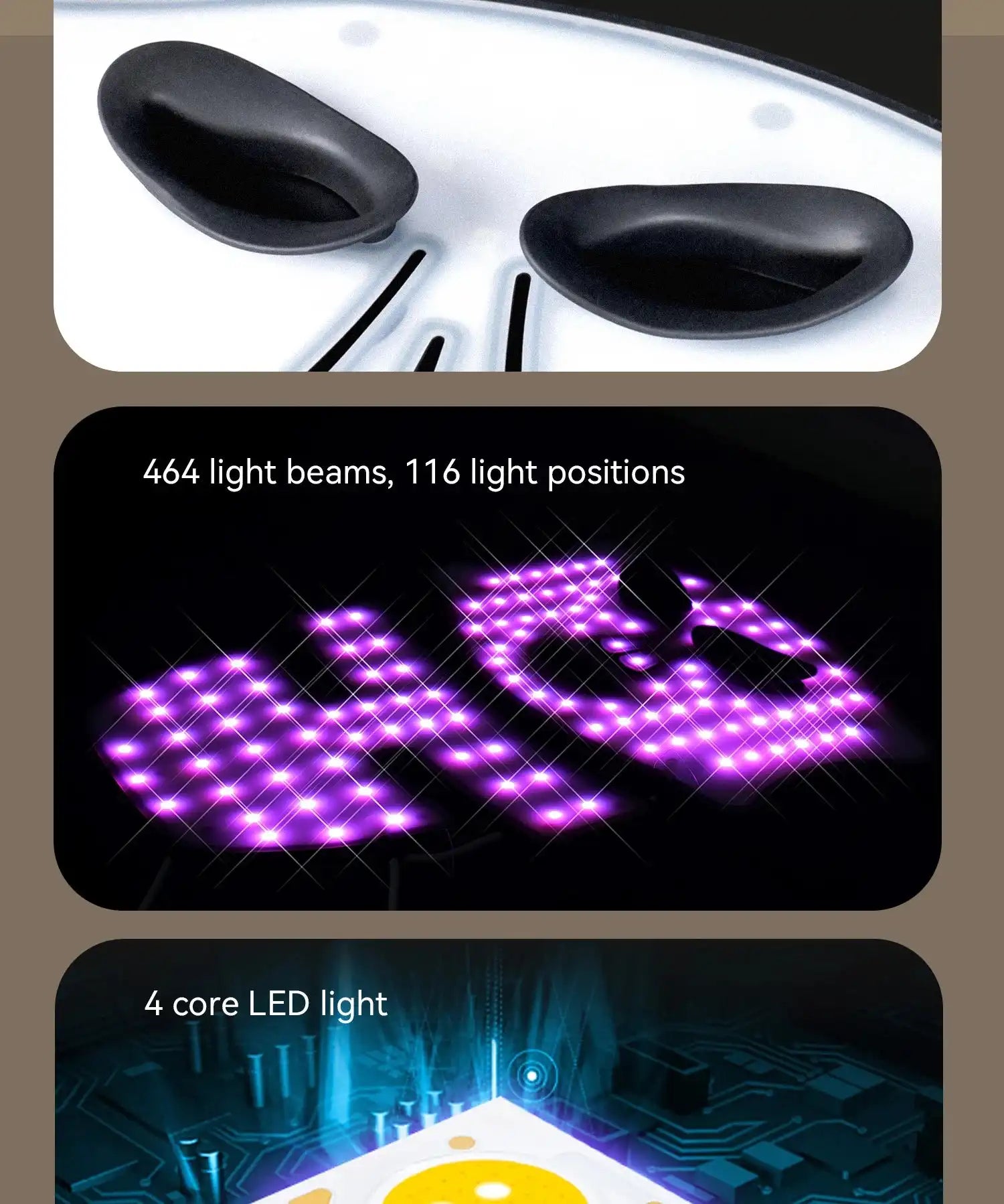 Close-up of AuraGlow RX Face Mask Only - Halo White showing soft eye cushions for comfort during red light therapy sessions.