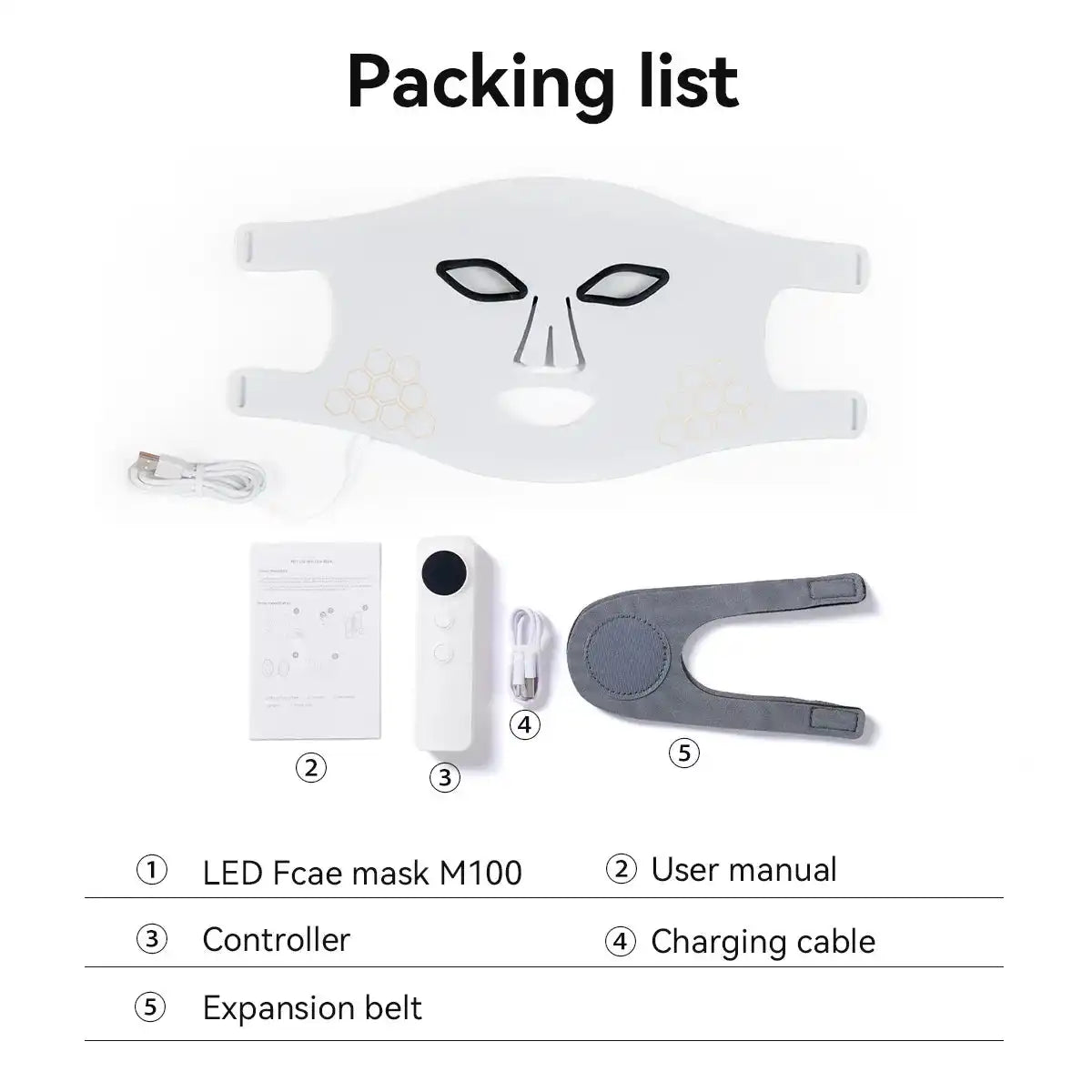 Face Mask Only - Halo White includes LED face mask M100, controller, charging cable, user manual, and expansion belt for skincare therapy.