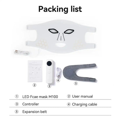 Face Mask Only - Halo White includes LED face mask M100, controller, charging cable, user manual, and expansion belt for skincare therapy.